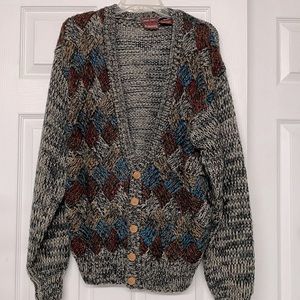 Vintage Grandpa Sweater Cardigan Argyle Oversized Chunky Sz M